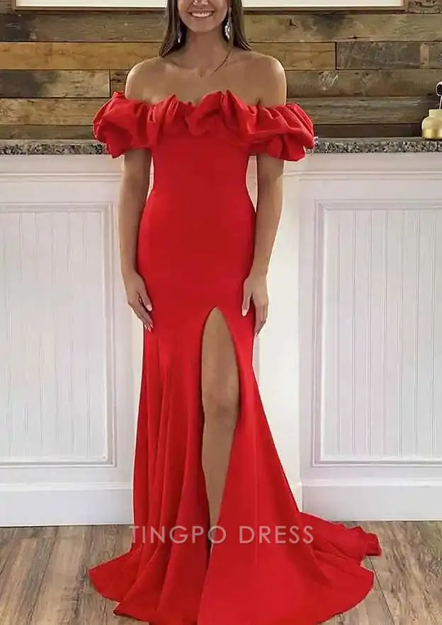TingPo Wholesale Elegant Sheath/Column Off-the-Shoulder Sleeveless Sweep Train Satin Prom Dress With Ruffles Split